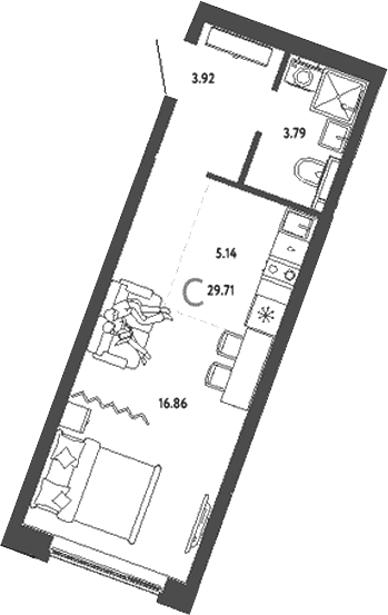 Планировка Студия, 29,71 м² в ЖК Уральский сад
